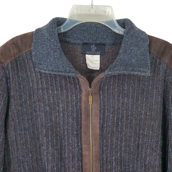 Vtg Moncler Sweater Men L Brown Gray Wool Blend Full Zip Suede Detail. Italy - Picture 5 of 12